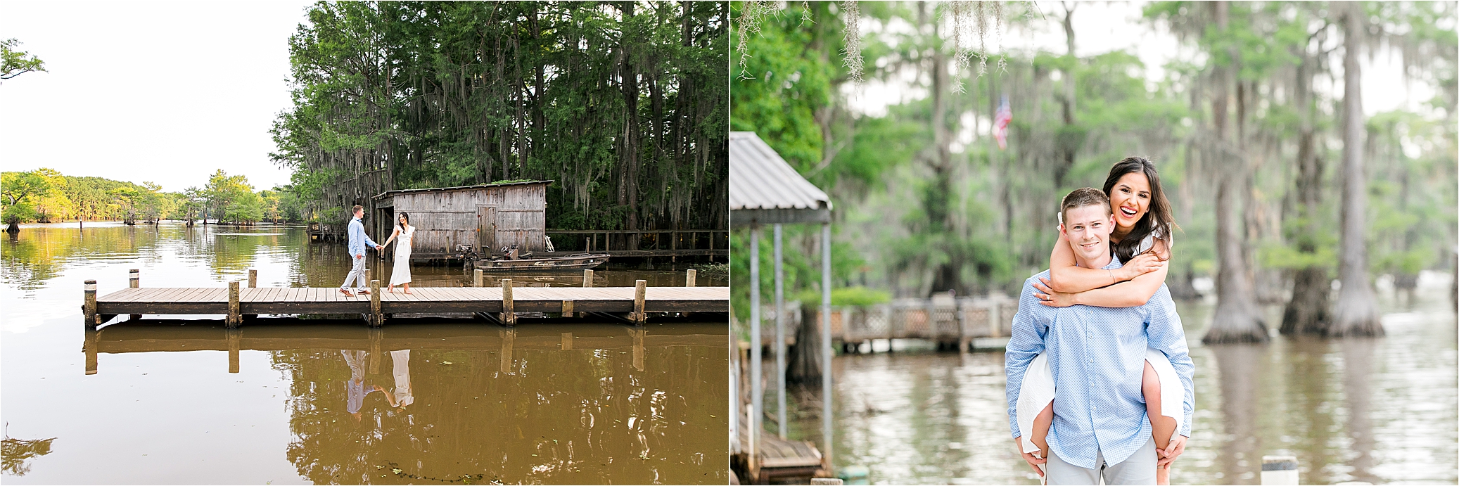 A beautiful dock summer dock engagement session at Caddo Lake in East Texas 