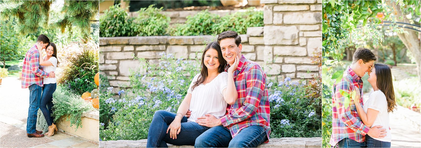 A couple sitting on a wall and embracing during their Fort Worth Engagement Session at The Botanic Gardens