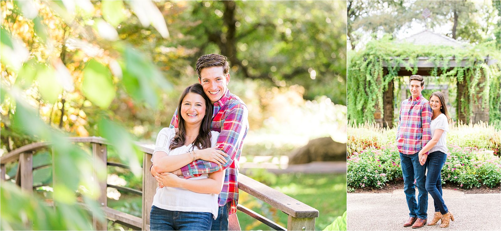 An engaged couple lovingly hugs on a bridge at The Fort Worth Botanic Garden during their engagement session with DFW Wedding Photographer Jillian Hogan 