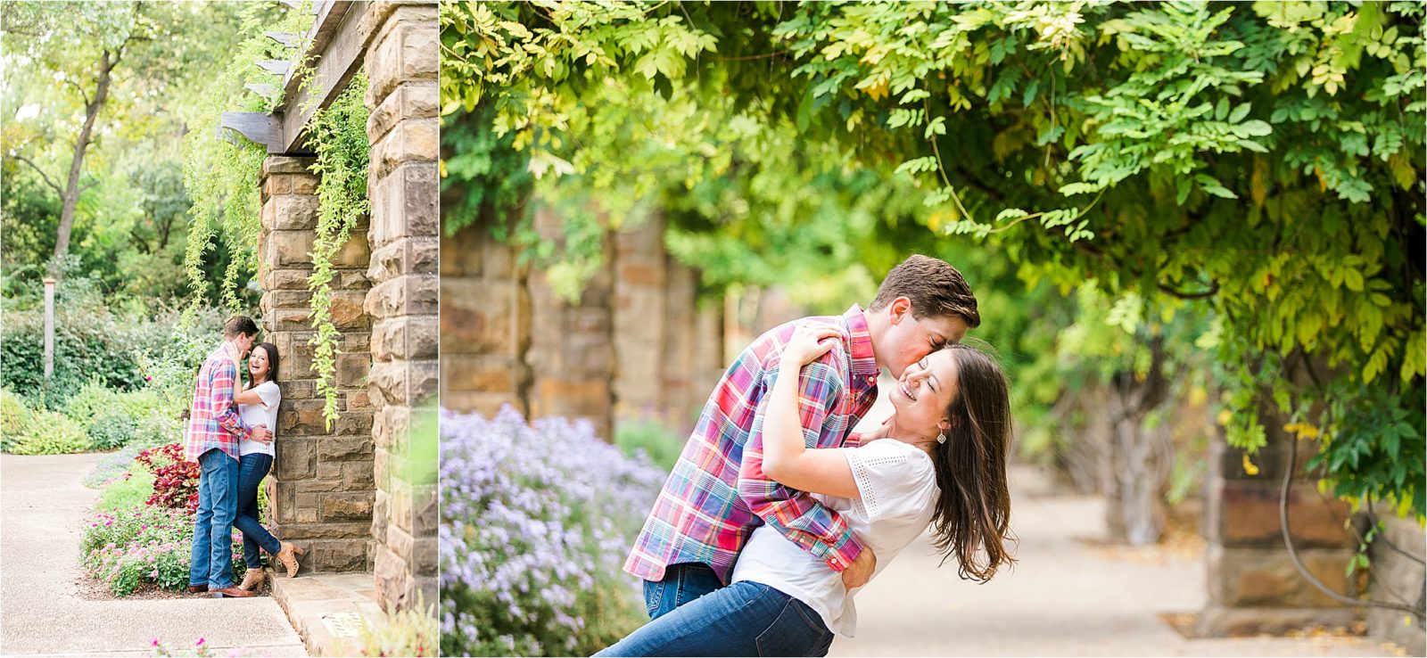 A couple dips under some lush ivy during their engagement session at The Botanic Gardens in Fort Worth, Texas 
