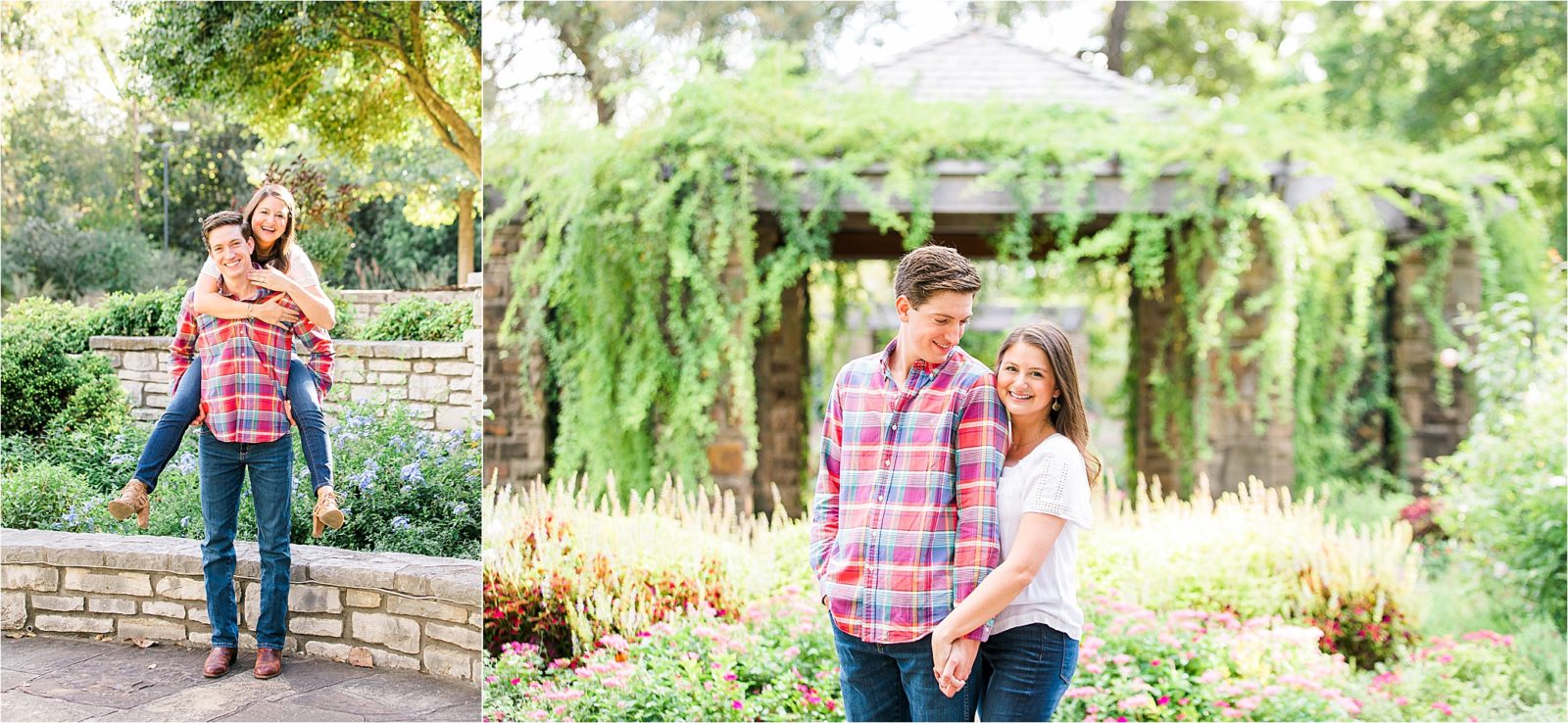 A bride to be hops on her fiance's back during their fall engagement session at The Fort Worth Botanic Garden by DFW Wedding Photographer Jillian Hogan 