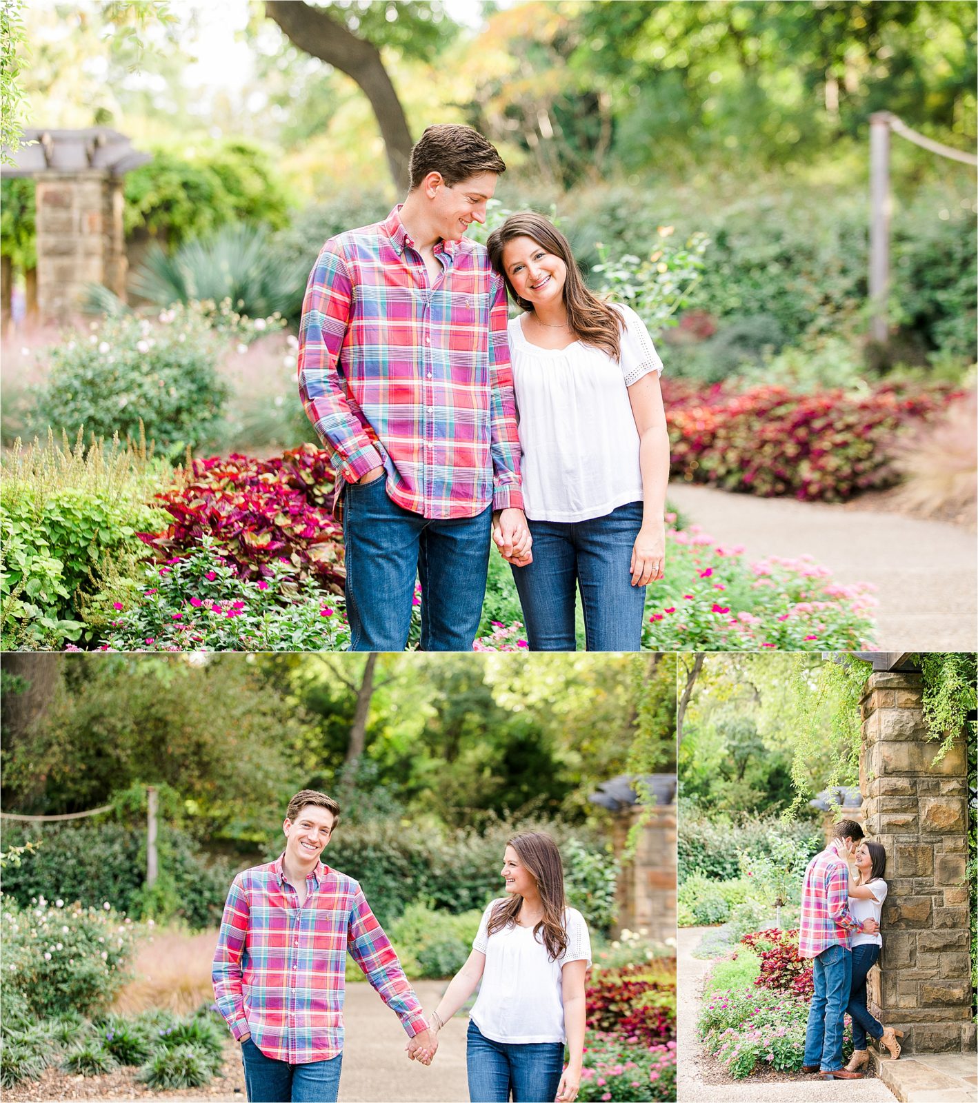 A couple walking through the Fort Worth Botanic Gardens on a sunny, fall day during their engagement session with Dfw engagement Photographer Jillian Hogan