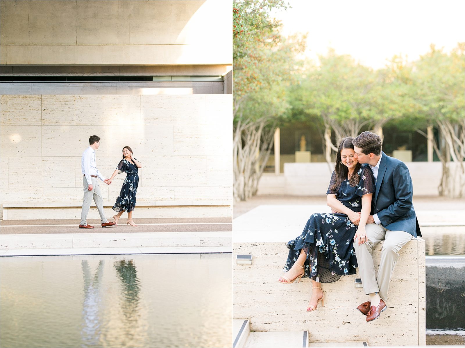 A couple holds hands in front of the reflecting pond at The Kimball Art Museum in Fort Worth, Texas