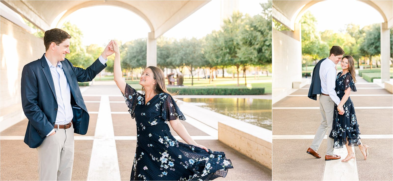 An engaged couple dances under the arches during a photography session at The Kimball Art Museum in Fort Worth, Texas