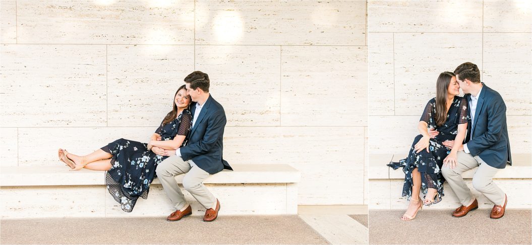 A couple sitting on a bench together at The kimball Art Museum during their Fort Worth Engagement Session