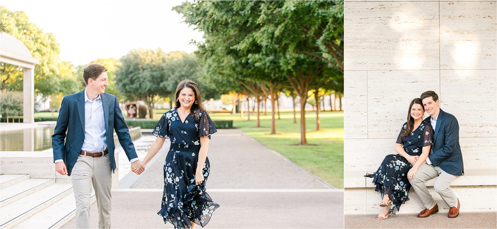 A couple playfully running toward the camera and holding hands during their engagement session at Kimball Art Museum in Fort Worth, Texas. 