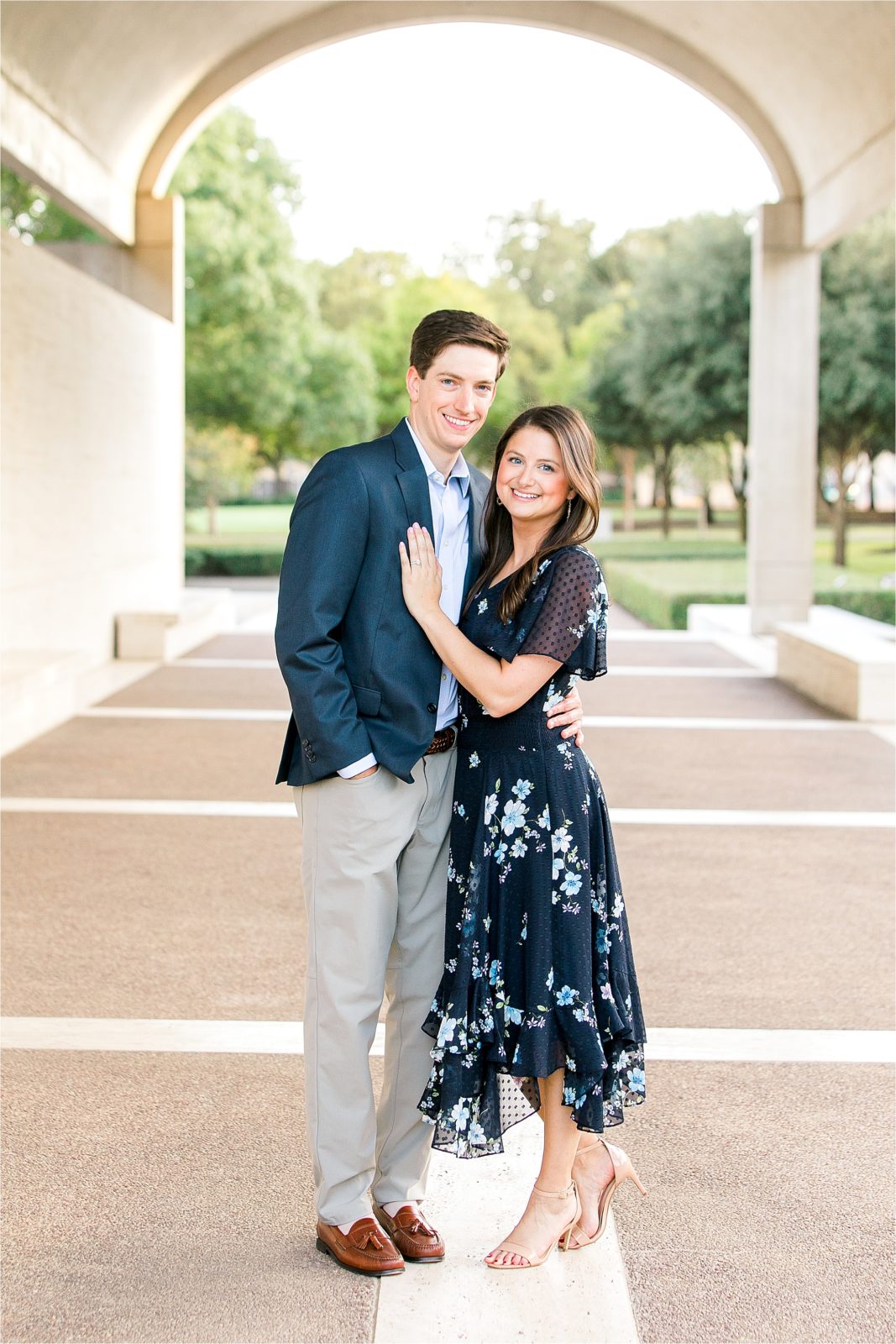 A classic Portrait of an engaged couple during their Fort Worth Engagement at The Kimball Art Museum 