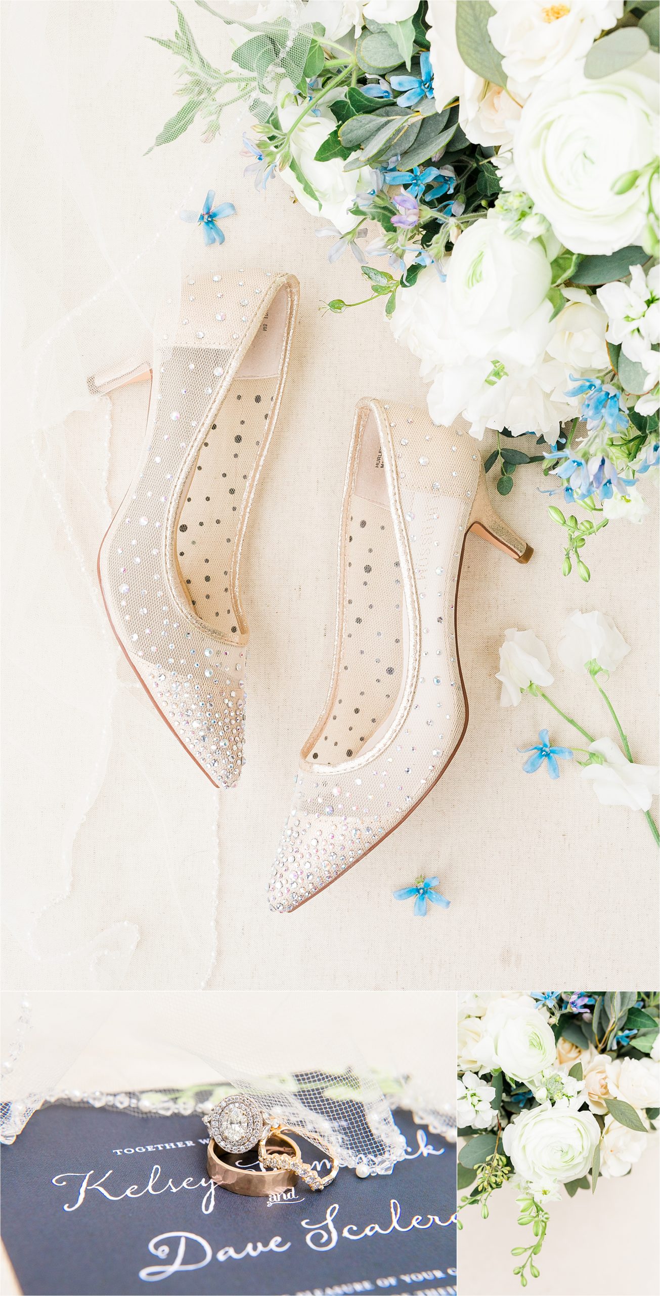 Sparkly Wedding heels and wedding rings on to of a navy invitation suite by Dallas Wedding Photographer Jillian Hogan 