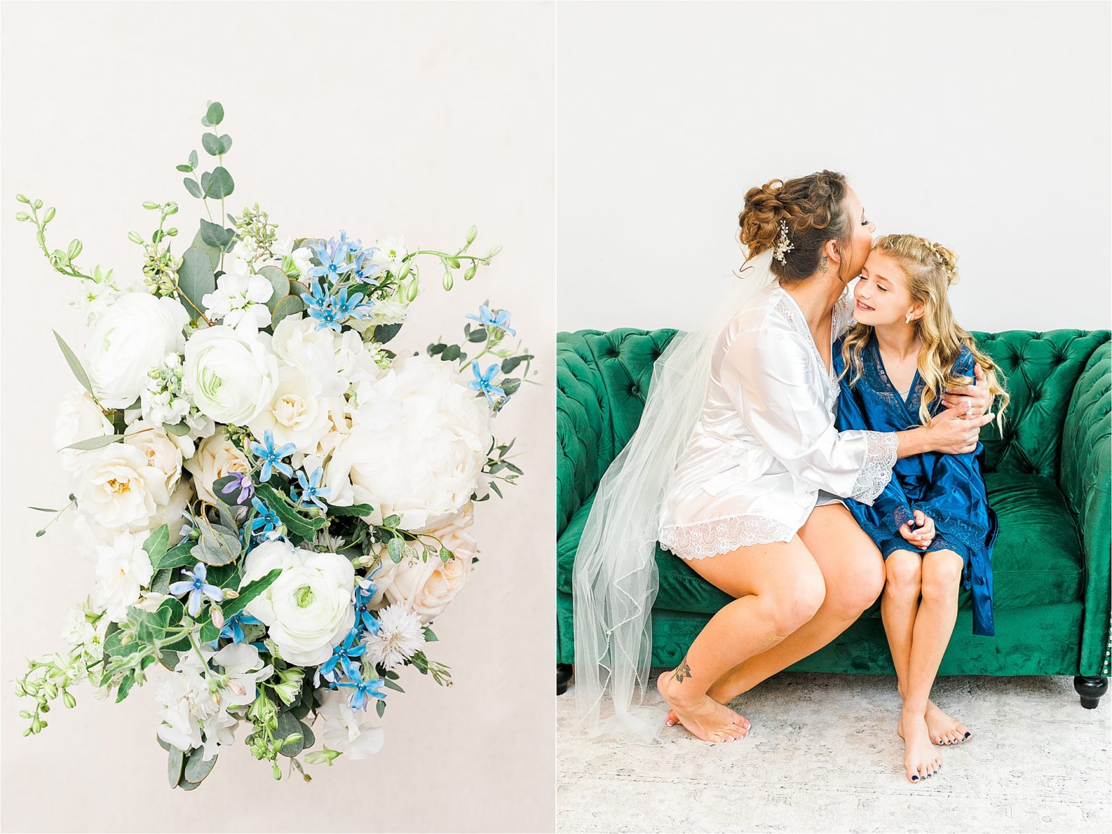 Bright White and Blue Bridal Bouquet by Wedfully yours and A bride hugging her sister on a green velvet couch at Rustic Grace Estate just outside of McKinney, Texas 