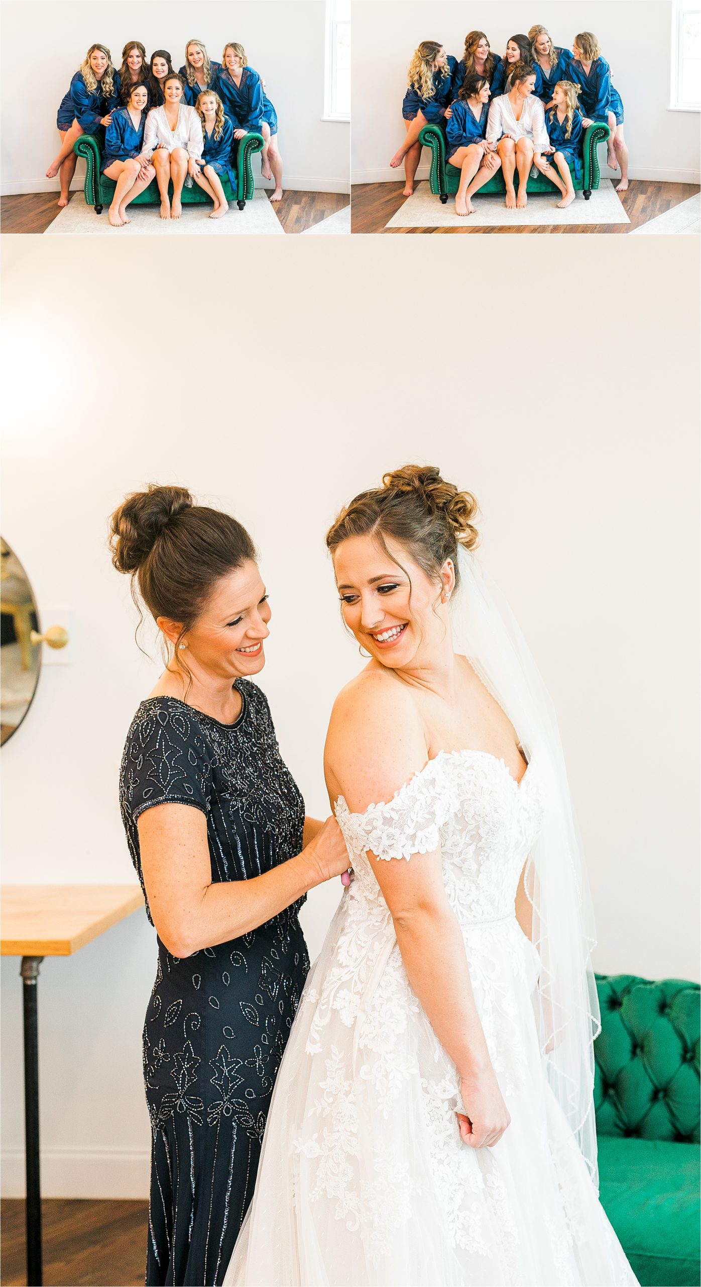 A Bride to be and her bridesmaid sitting on a green velvet couch and a Mom helping pull up the back of her daughter's wedding dress at Rustic Grace Estate 
