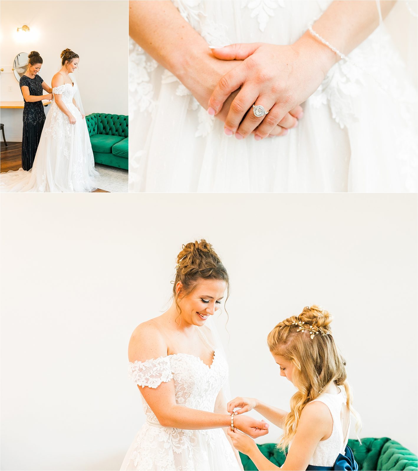A mother and sister of the bride help her get ready for her wedding day at Rustic Grace Estate in Van Alstyne, Texas
