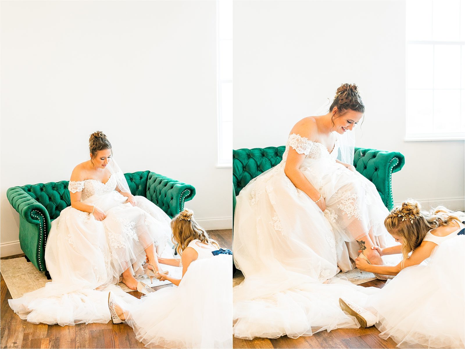 A young sister of the bride-to-be sits on the floor and helps slip on her wedding shoes before she walks down the aisle at Rustic Grace Estate 