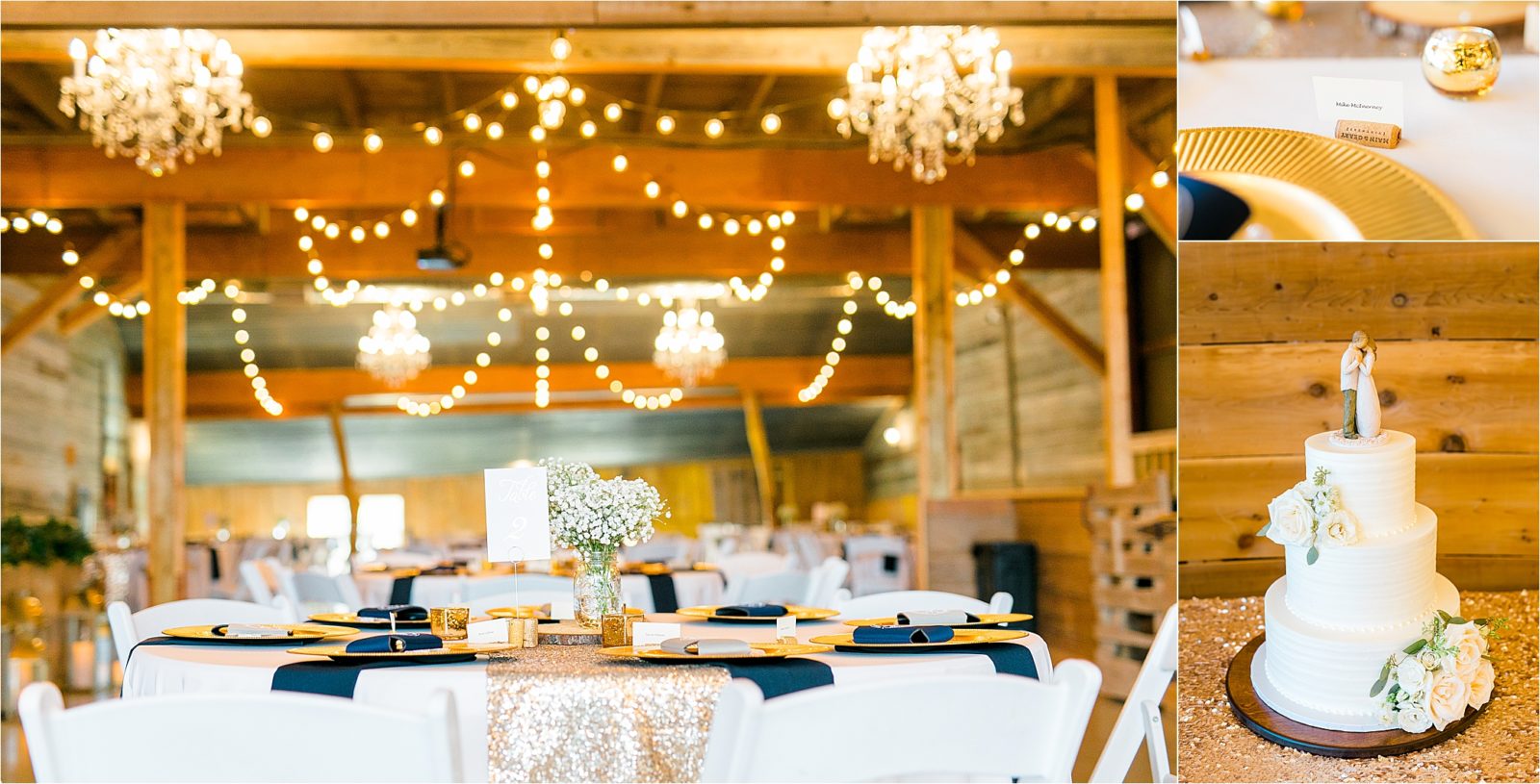 A shimmery table runner, baby's breath, navy napkins, gold chargers and pretty cafe lights inside the red barn at Rustic Grace Estate in Van Alstyne, Texas 