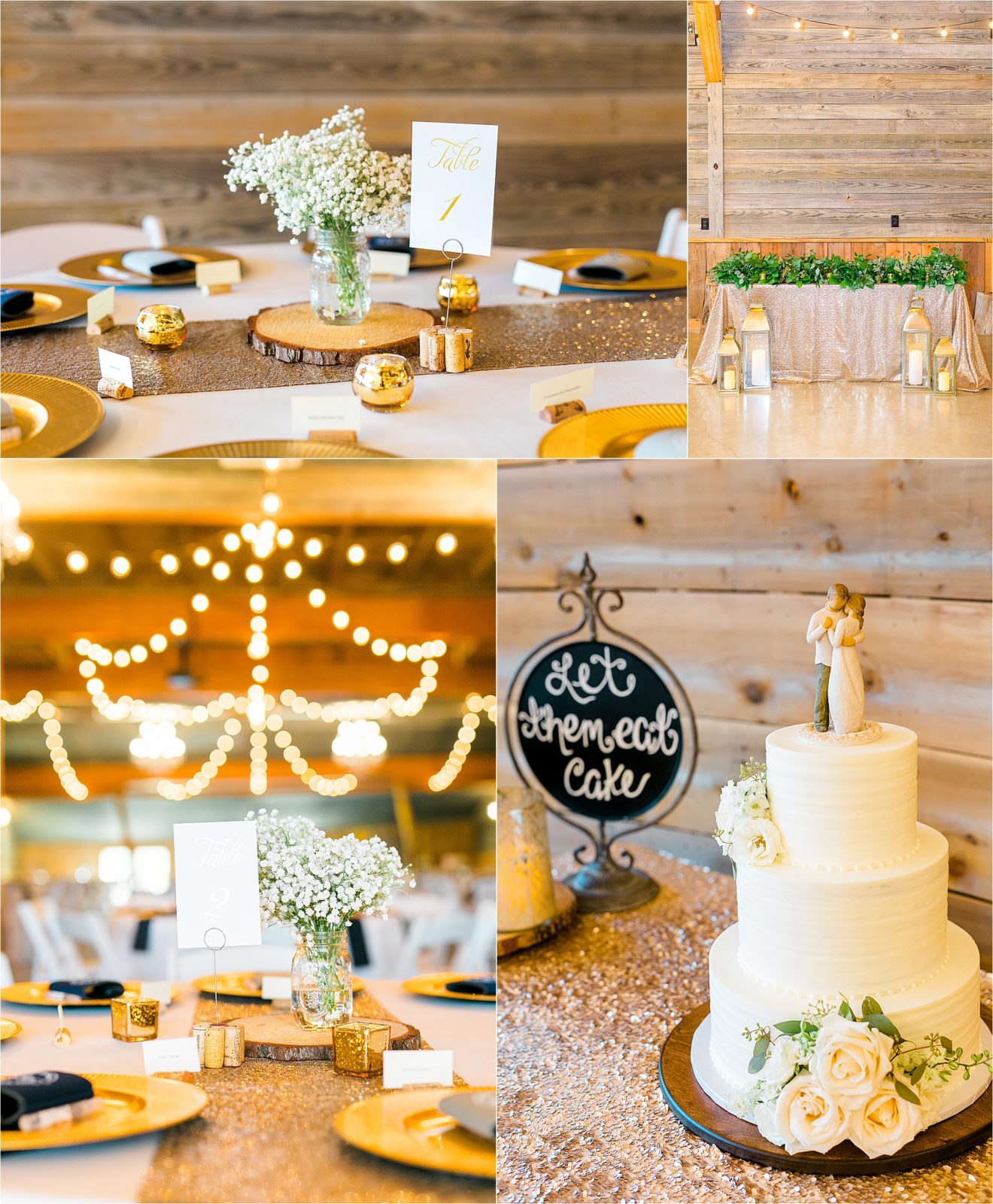 Wedding Reception decor with baby's breath, gold chargers and navy linens at Rustic Grace Esate
