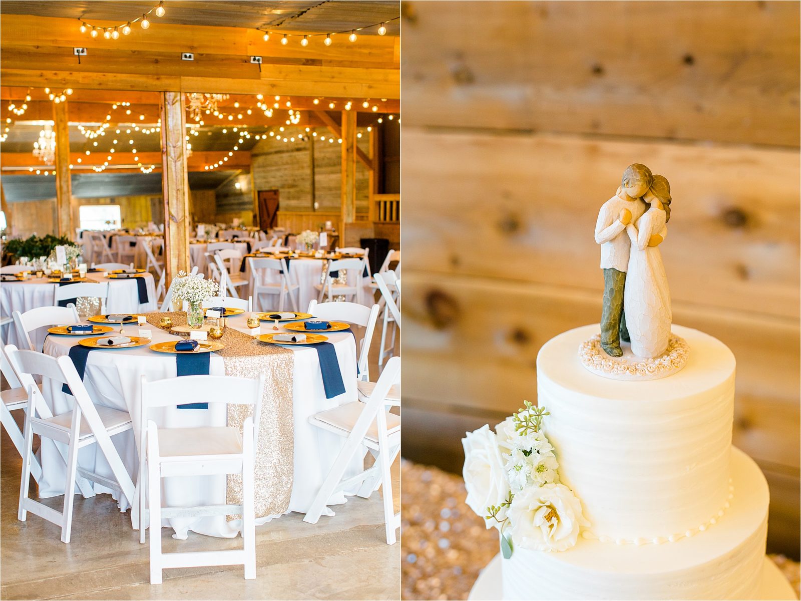 Wedding Reception in the Red Barn at Rustic Grace Esate with ivory, gold and navy.