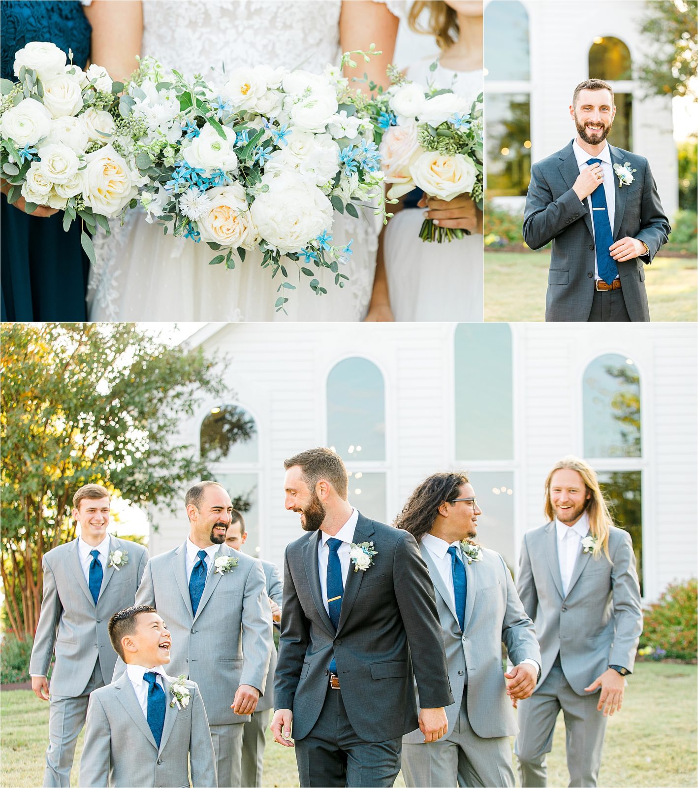 A groom fixes his tie and hangs out with his groomsmen on sunny, fall day at Rustic Grace Estate in DFW.