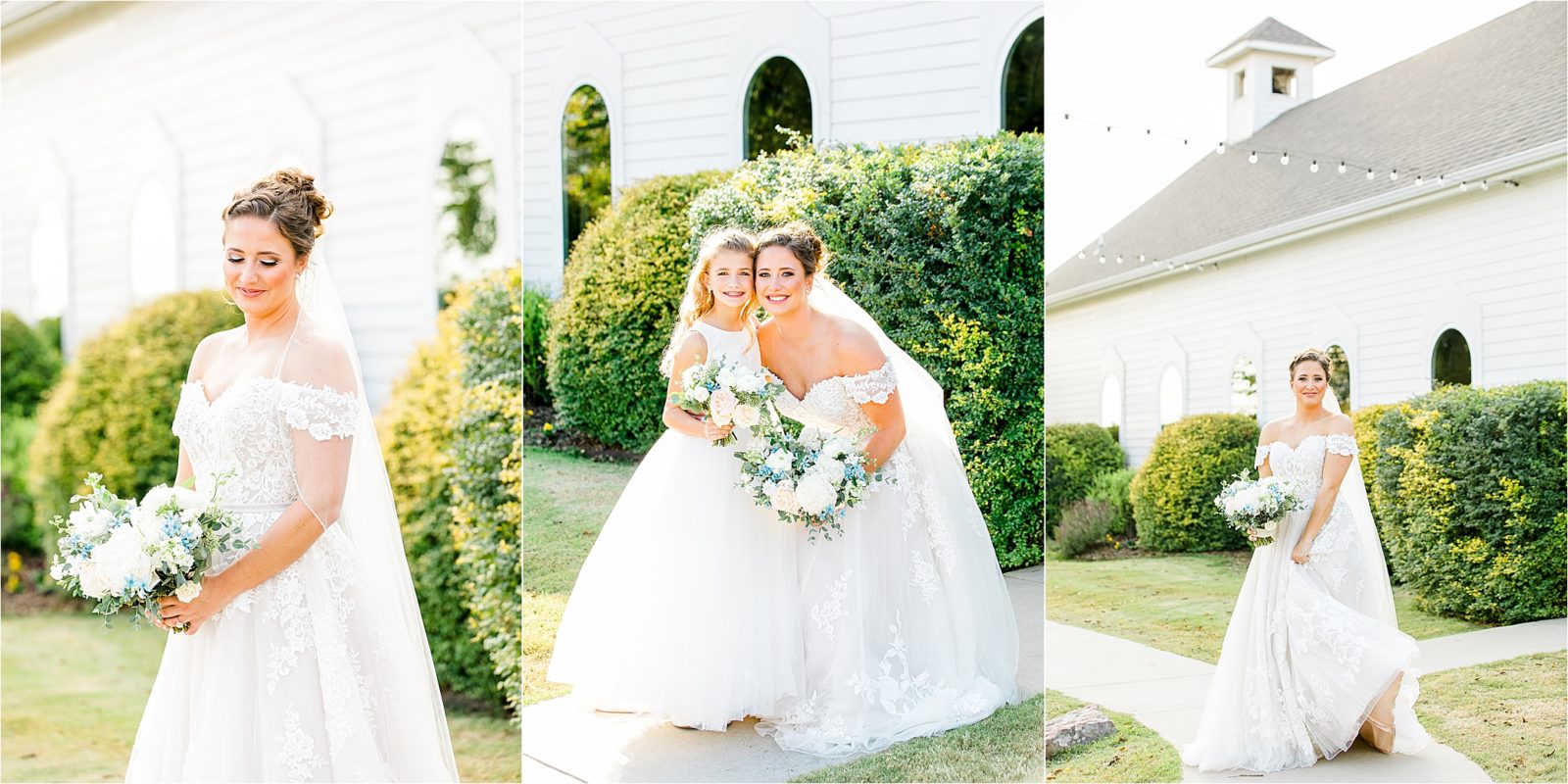 A bride poses in an ivory wedding dress alone and with her little sister on her sunny, fall wedding day at Rustic Grace Estate 