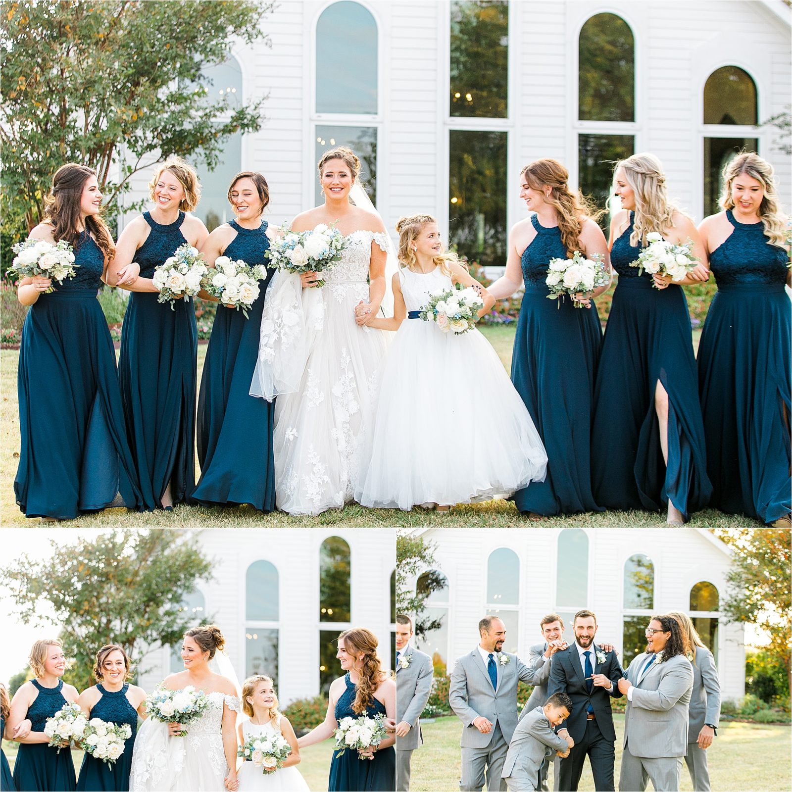 A Bridal Party walks and laughs on a sunny, fall day at Rustic Grace Estate