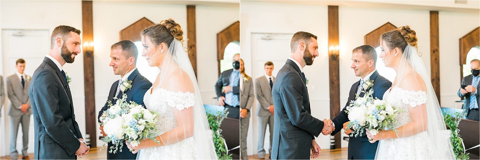 A groom makes eye contact with his bride and shakes her father's hand as he gives her away during her Rustic Grace Estate Wedding Ceremony near McKinney, TX.