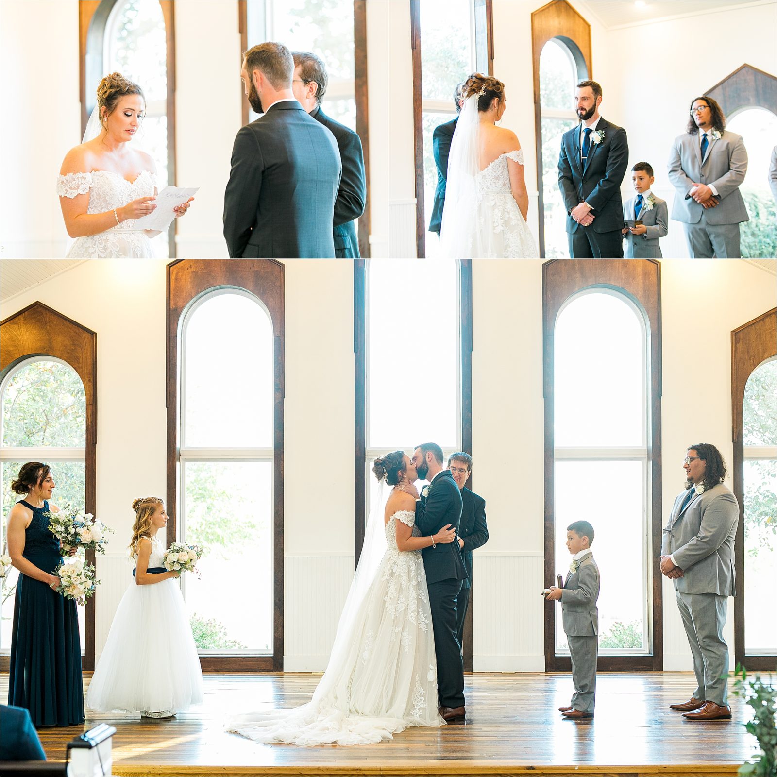 A bride and groom exchange their vows and share their first kiss as husband and wife during their White Chapel wedding ceremony at Rustic Grace Estate just outside of McKinney, TX 