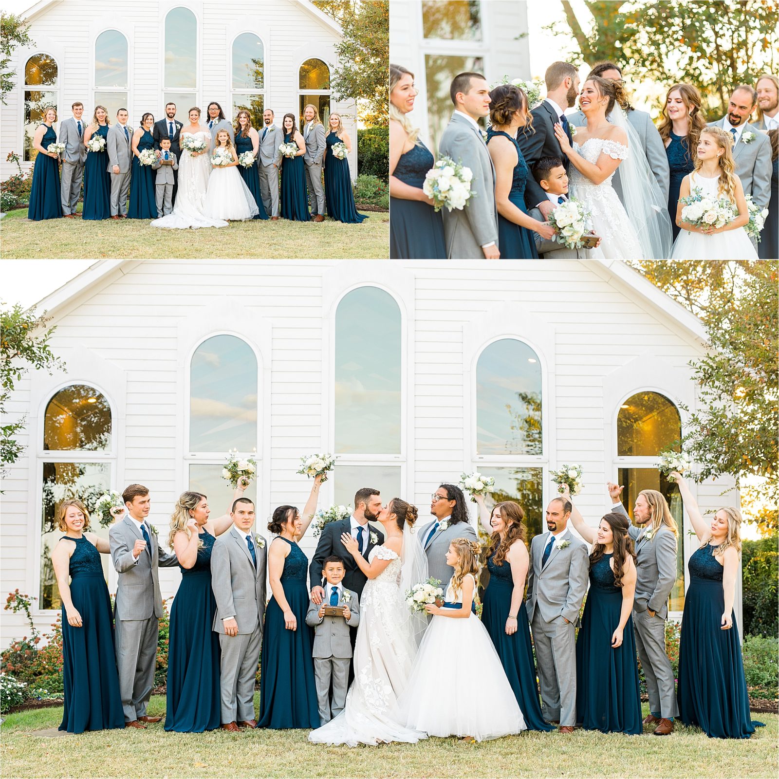 A newlywed couple shares a kiss surrounded by their cheering bridal party in front of a White wedding chapel by Dallas Wedding Photographer Jillian Hogan 