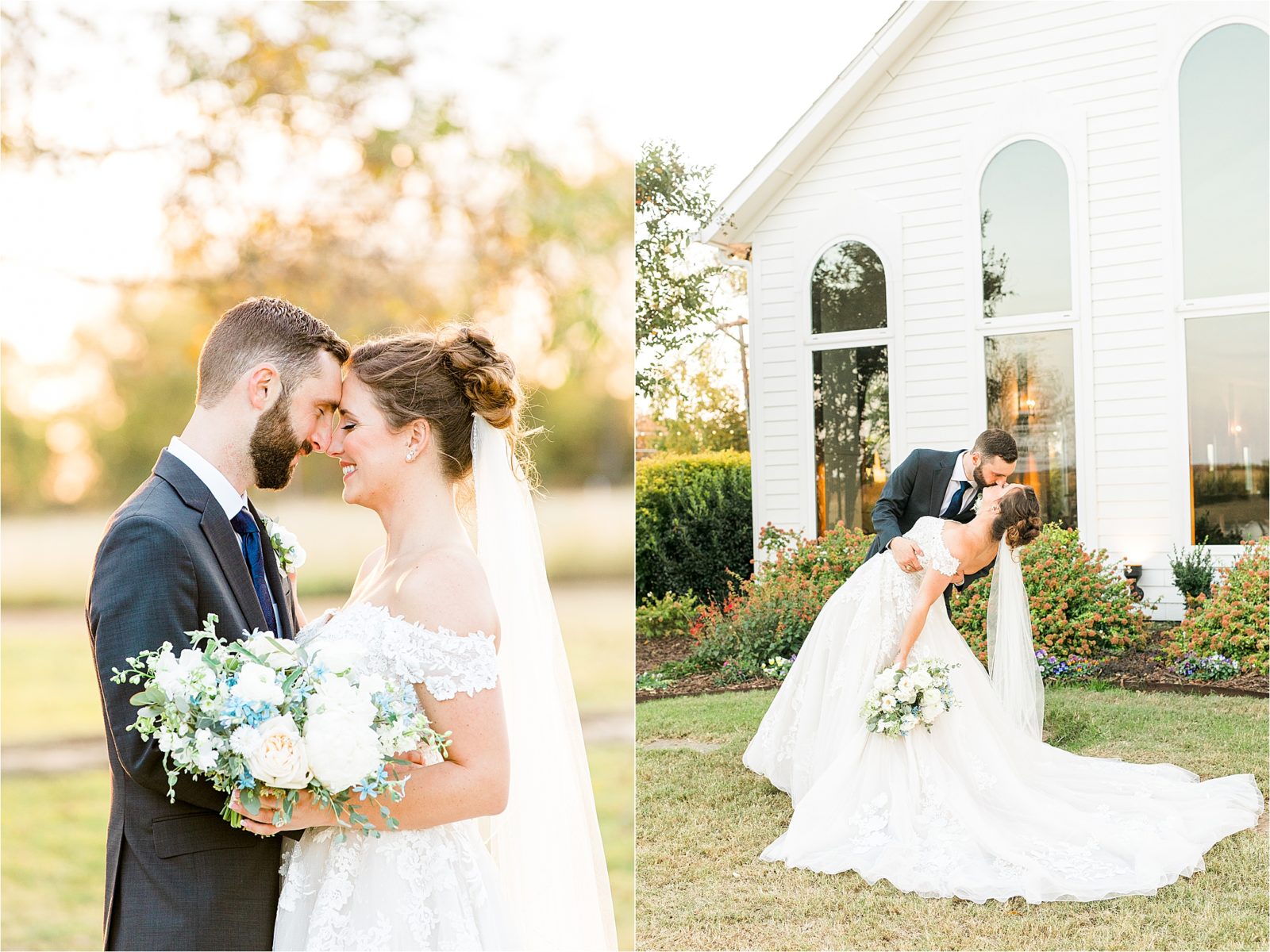 A couple dips in front of a white wedding chapel and embraces each other during their newlywed portraits at Rustic Grace Estate