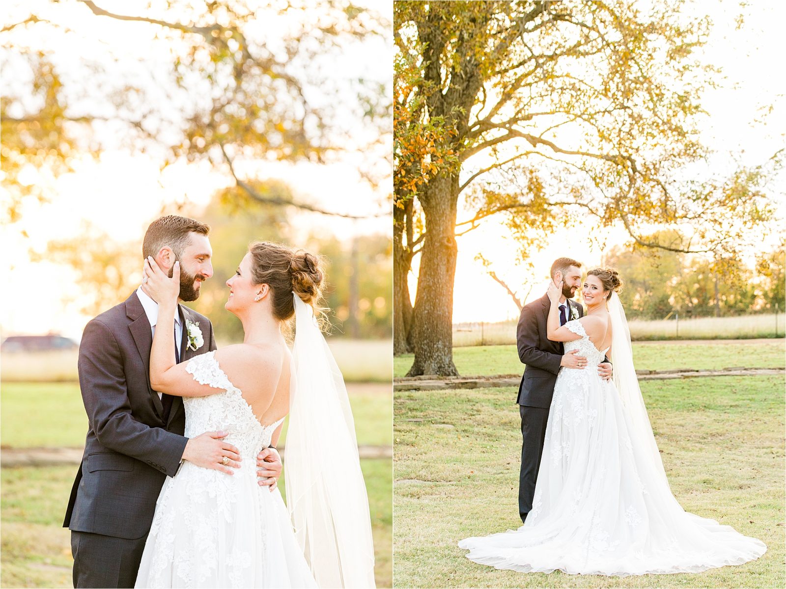 A groom holds his bride around her waist as she peeks back at the camera during their sunset newlywed portraits at Rustic Grace Estate by Jillian Hogan Photography 