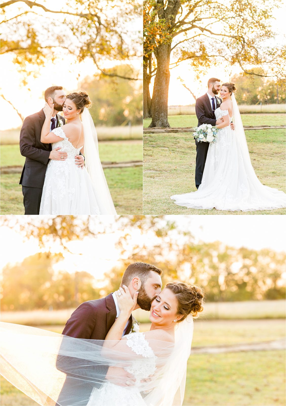 A Groom kisses his bride on her temple as she looks down and her veil swoops in front of them during their Fall, sunset newlywed Portraits at Rustic Grace Estate 