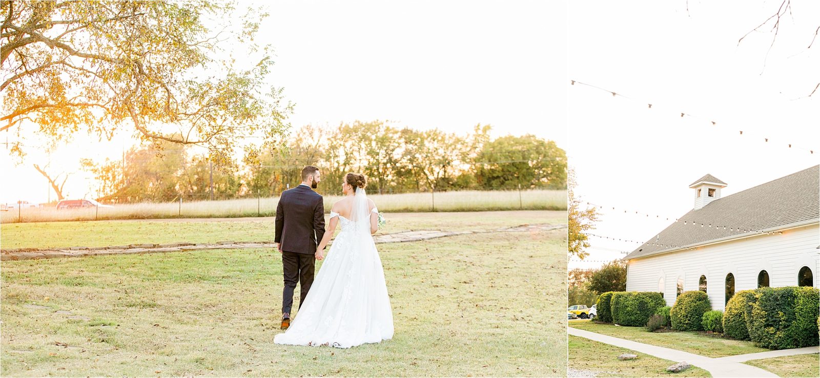 A newlywed couple holds hands and walks into the sunset during their wedding portraits at Rustic Grace Estate near McKinney, TX 
