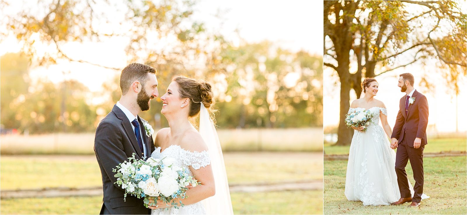 A newlywed couple laughs and holds hands while walking during their sunset newlywed portraits for their Fall Rustic Grace Estate Wedding 