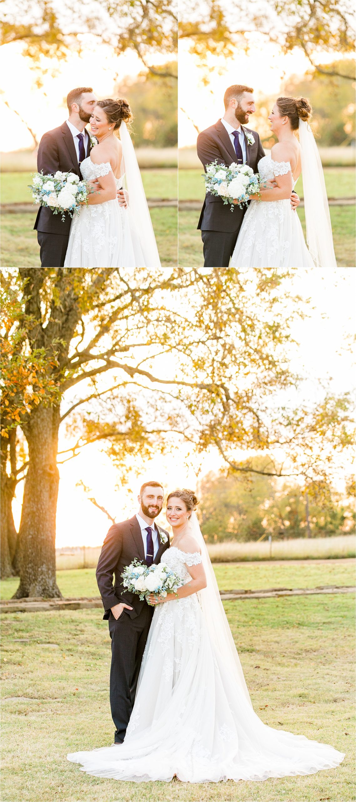 A couple laughs together and embraces for a classic wedding portrait during their sunset newlywed photos at Rustic Grace Estate with McKinney Wedding Photographer Jillian Hogan