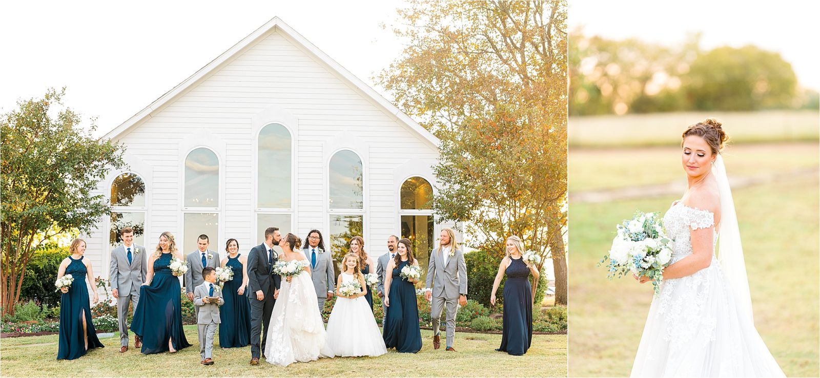 A wedding party walks in front of a white wedding chapel as the newlywed couple shares a kiss at Rustic Grace Estate 