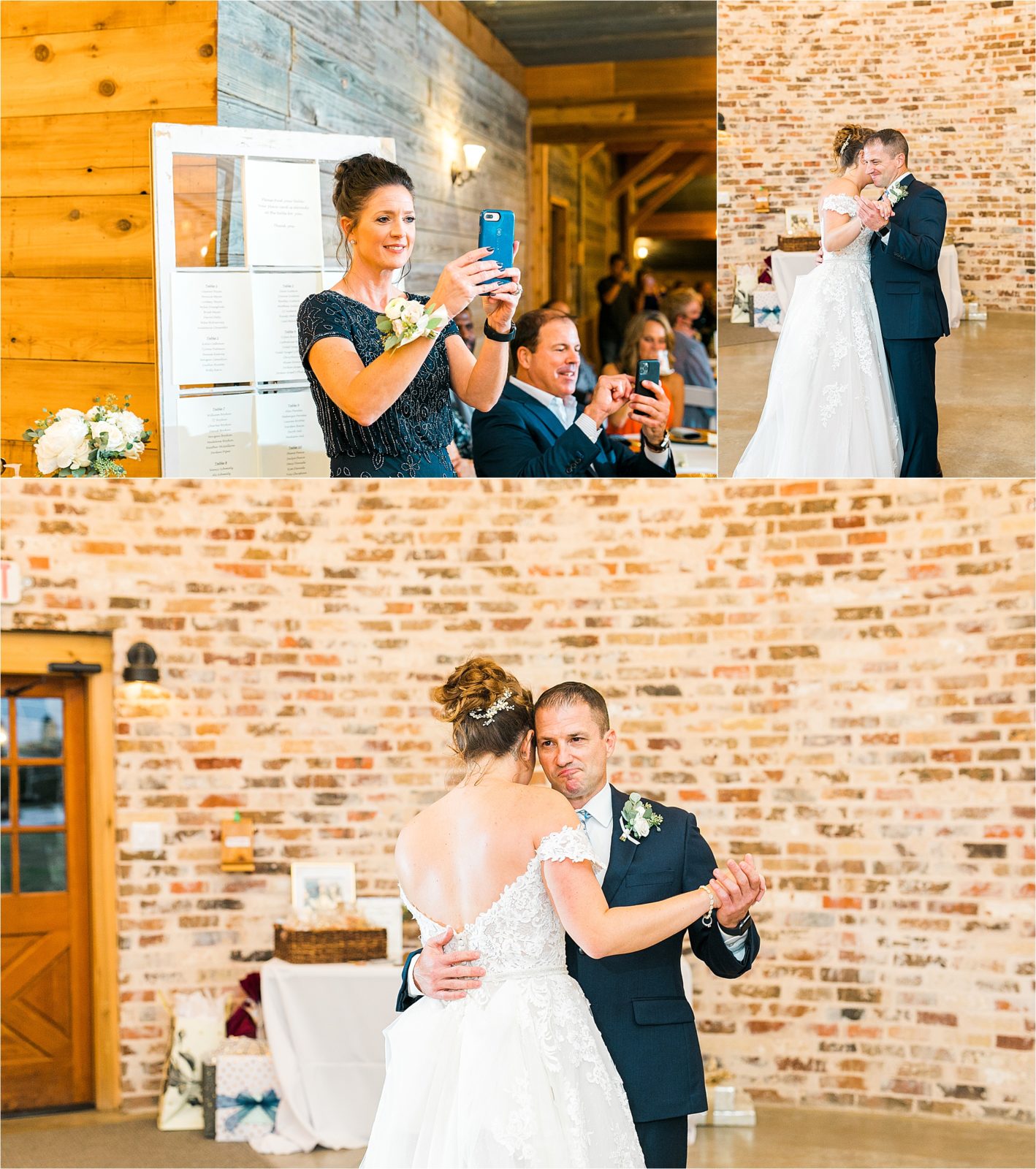 An emotional father-daughter dance at Rustic Grace Estate as the mother of the bride looks on and takes photos
