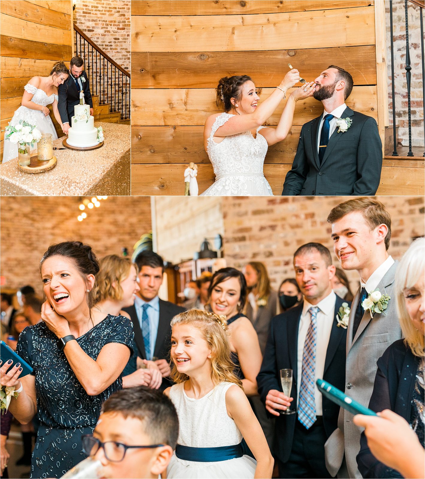 A bride feeds her groom cake as some misses his mouth and guests share a laugh at DFW Wedding Venue Rustic Grace Estate 