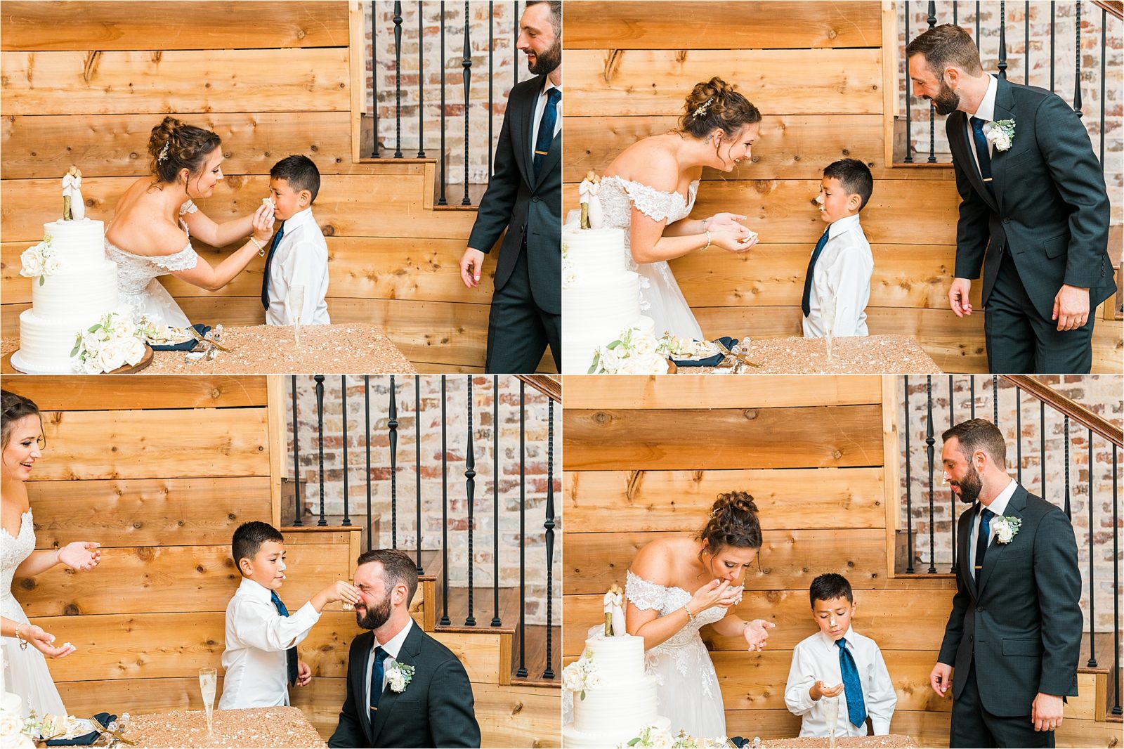 A newlywed couple smashes cake onto their sons face during their wedding reception at Rustic Grace Estate 