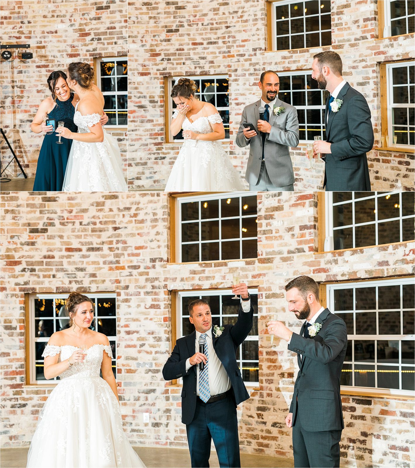  A newlywed couple shares laughs and hugs with their bridal party during wedding reception speeches 