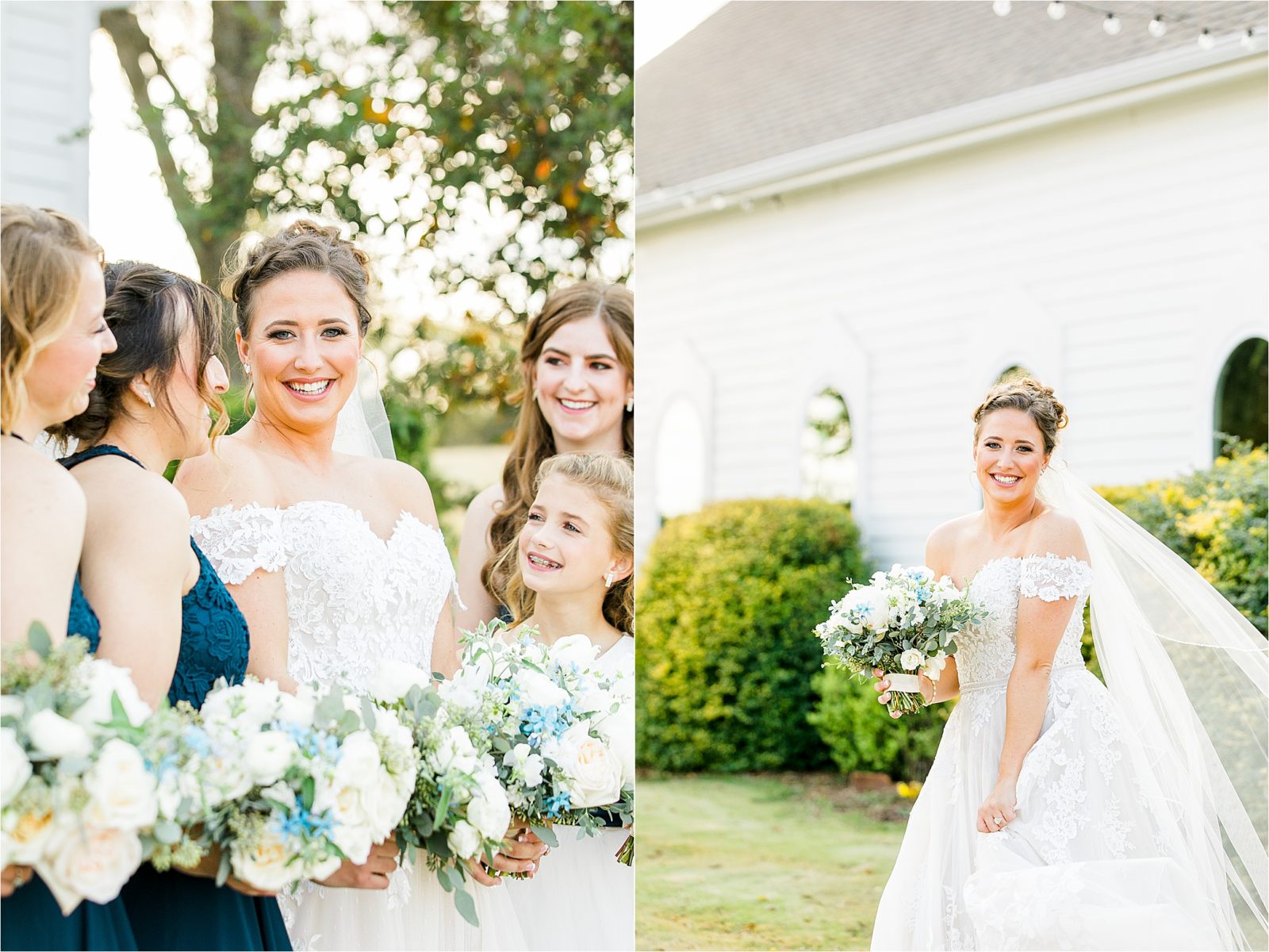 A bride laughs at the camera while with her bridesmaids and poses for a bridal portrait at Rustic Grace Estate
