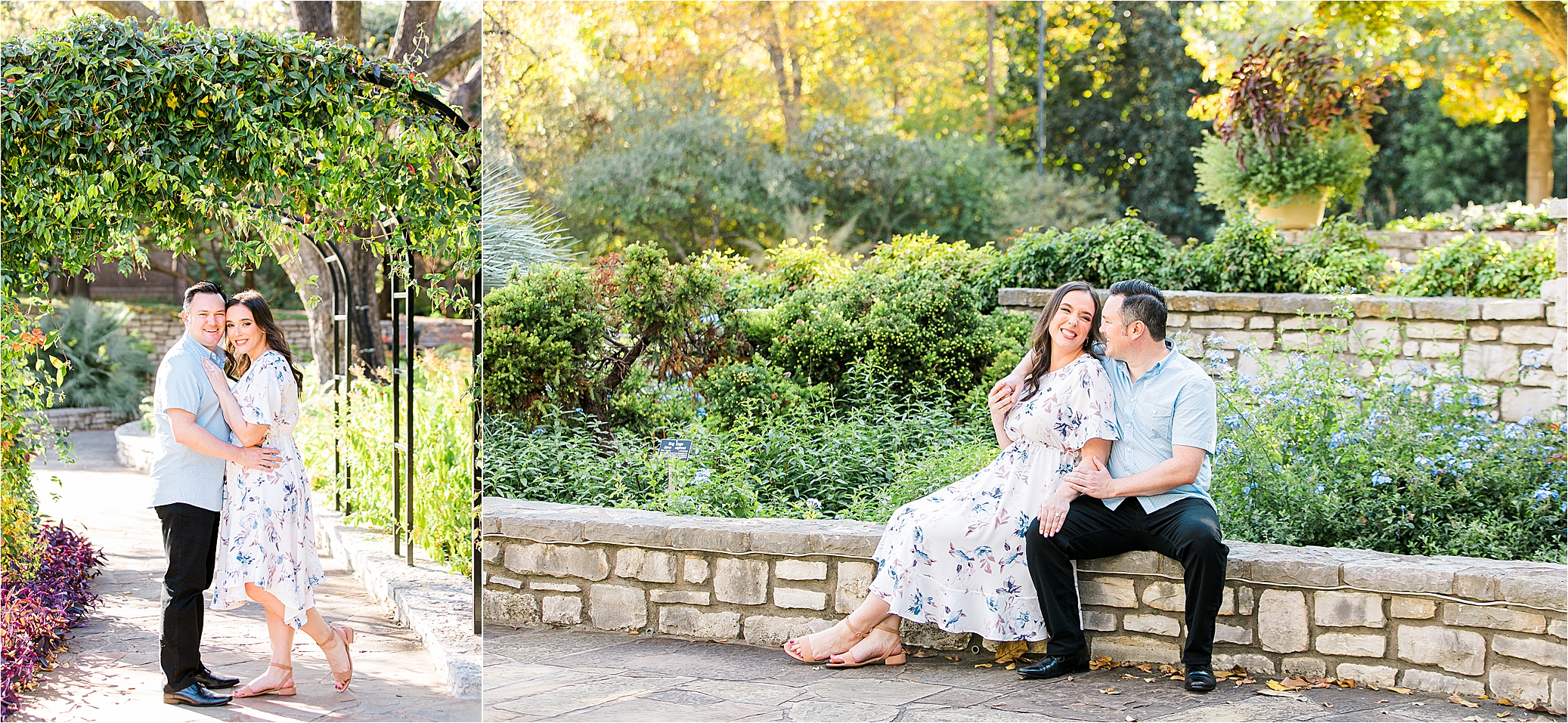 A couple hugging and sitting on stone wall in front of greenery during their Fort Worth Engagement at The botanic Garden 