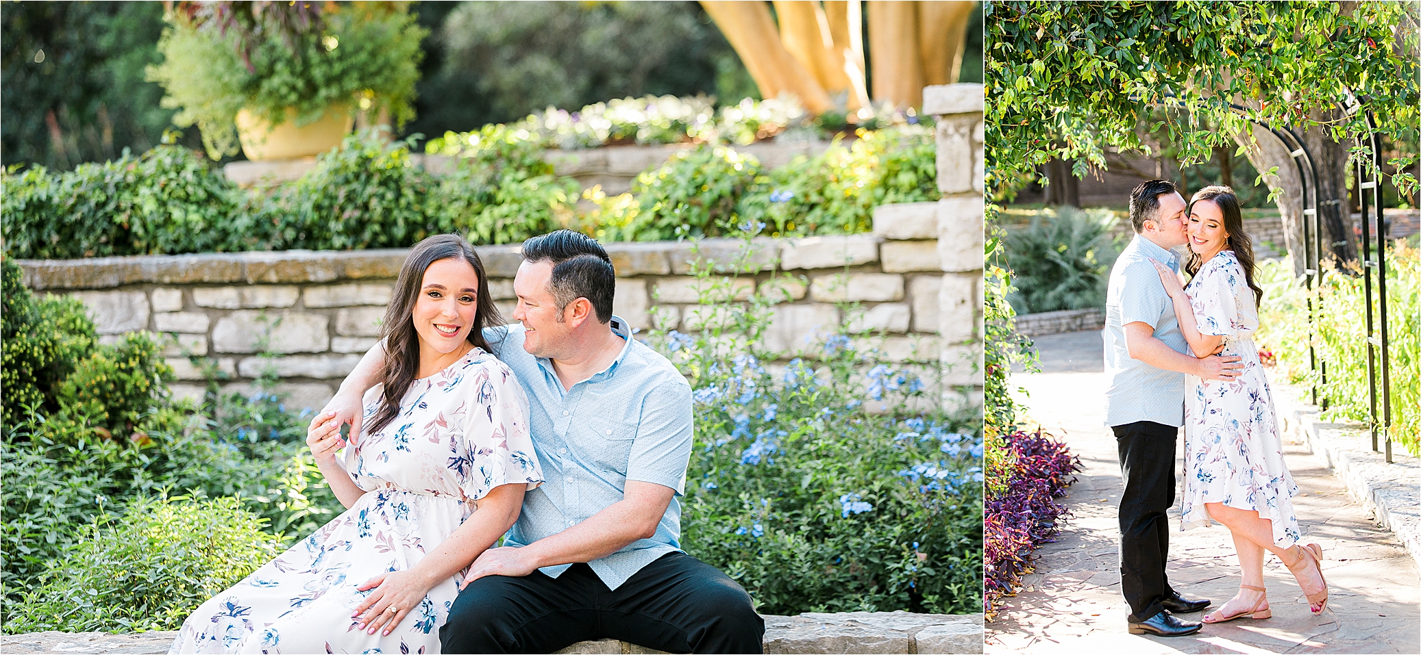 A couple hugs and shares a kiss during their engagement session at The Fort Worth Botanic Garden