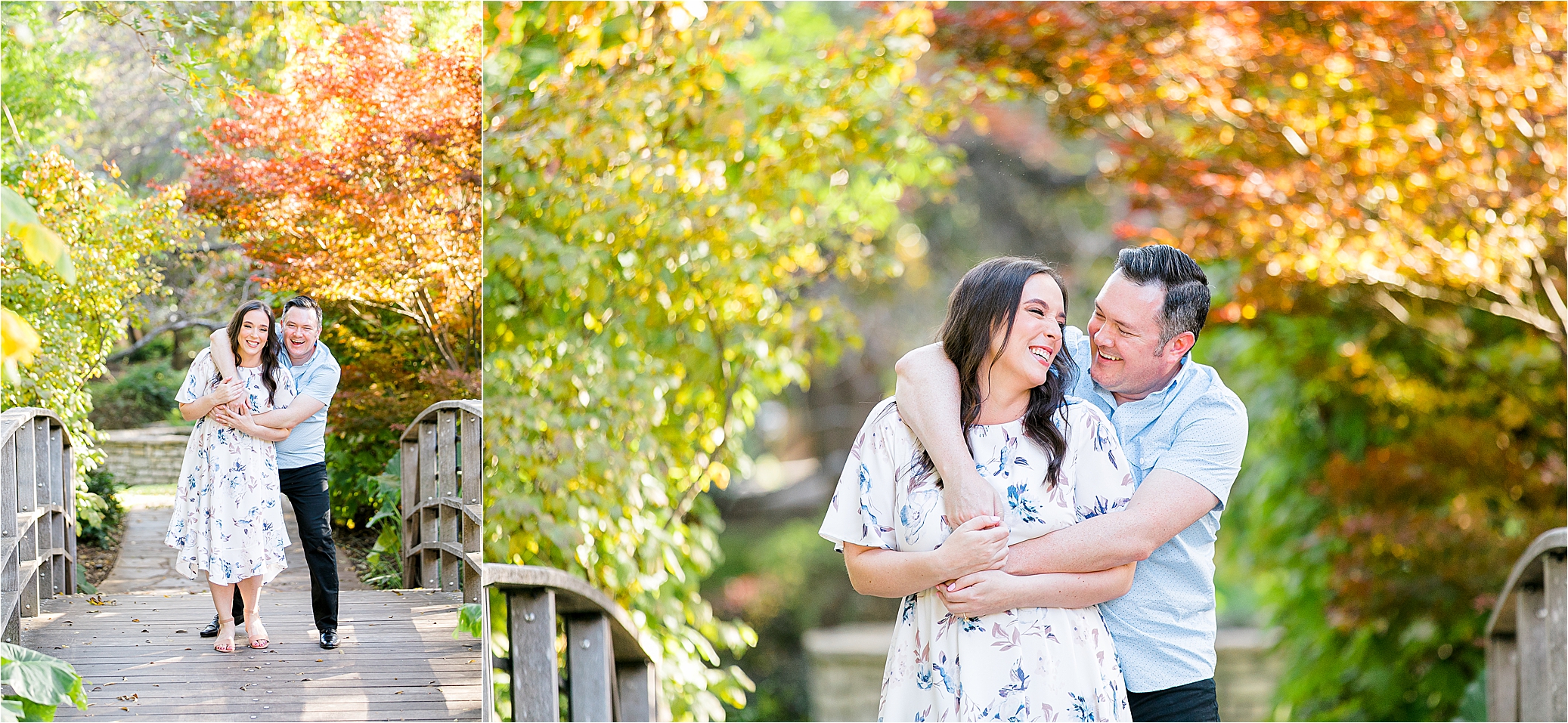 An engaged couple couple hugs on a bridge on a sunny, fall day at The Botanic Gardens in Fort Worth, Texas during their DFW Engagement Session 