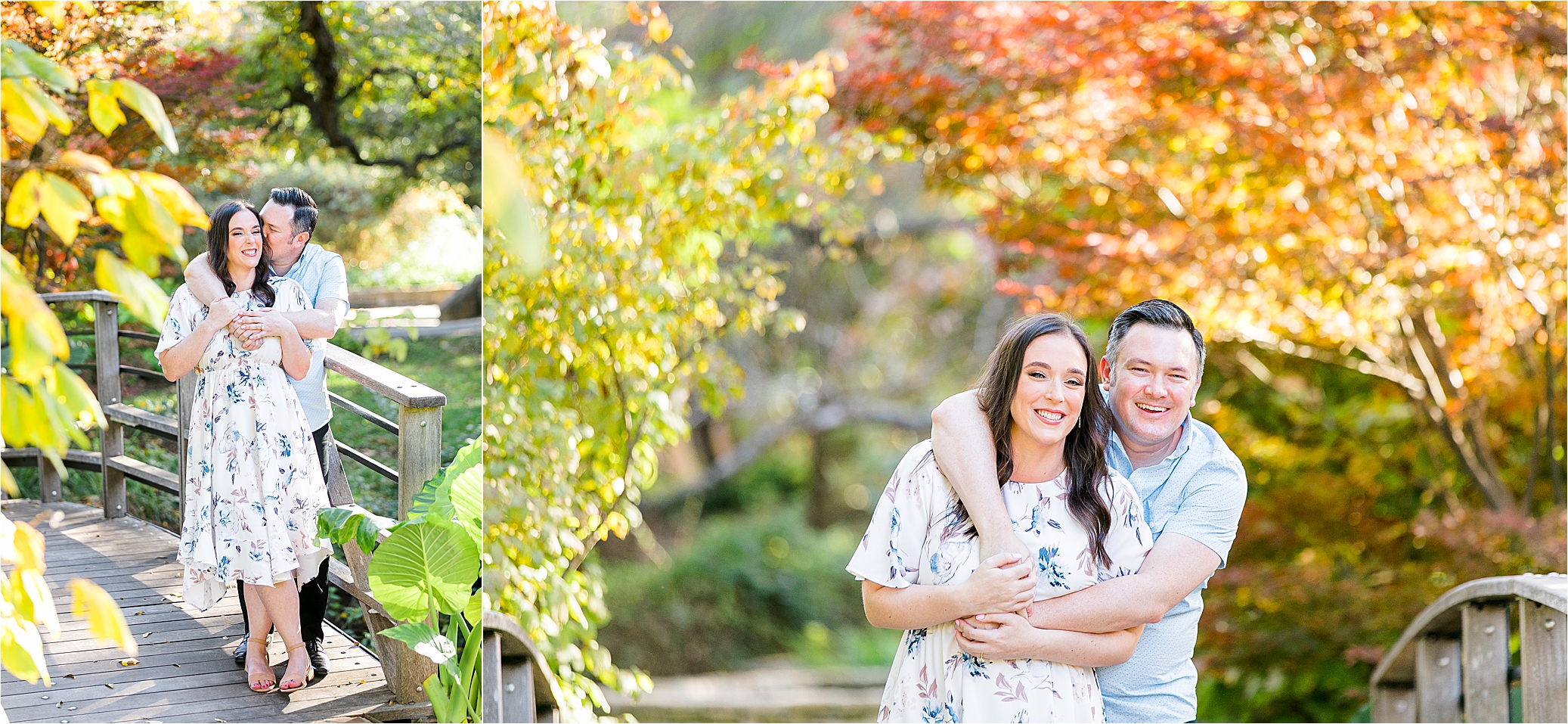 A couple hugging and giving kisses on the cheek during their Fall DFW Engagement Session on a sunny day at The Fort Worth Botanic Garden
