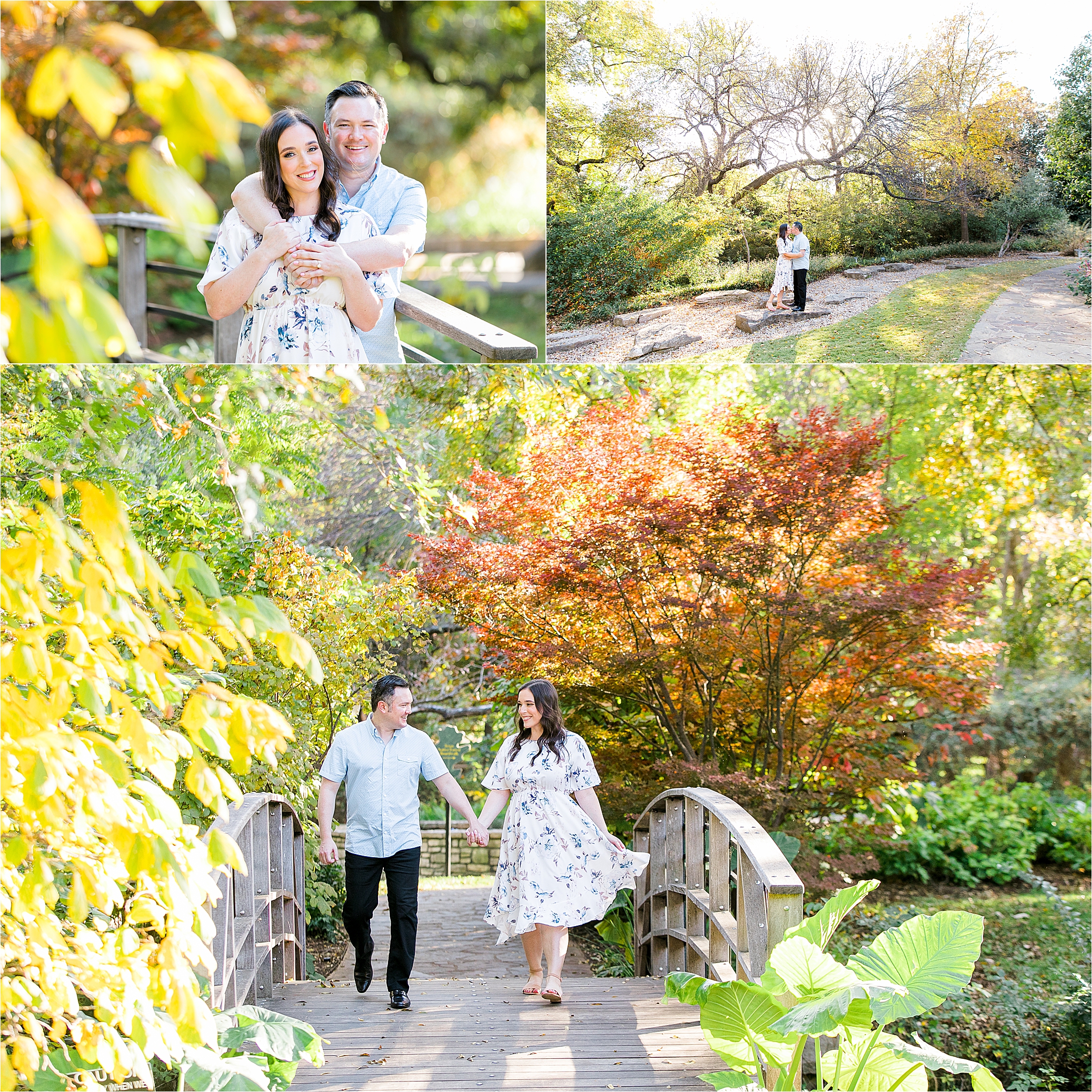 A couple happily walking together and embracing on a sunny, ,fall day during their Fort Worth Engagement at The Botanic Garden
