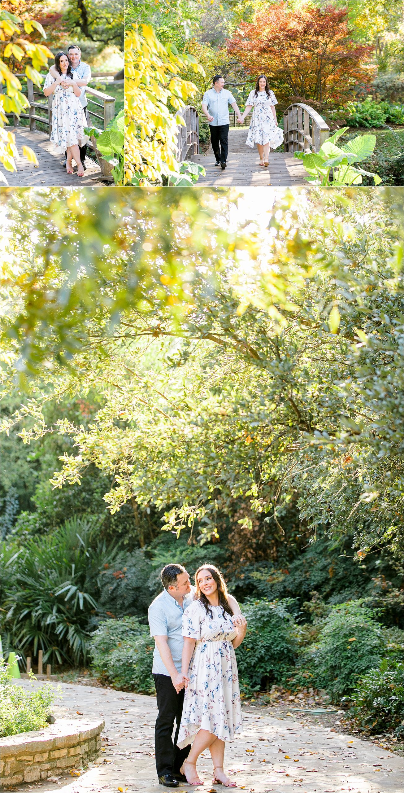 A couple walks, hugs and laughs on a sunny, fall day during their Fort Worth Engagement Session at The Botanic Garden 