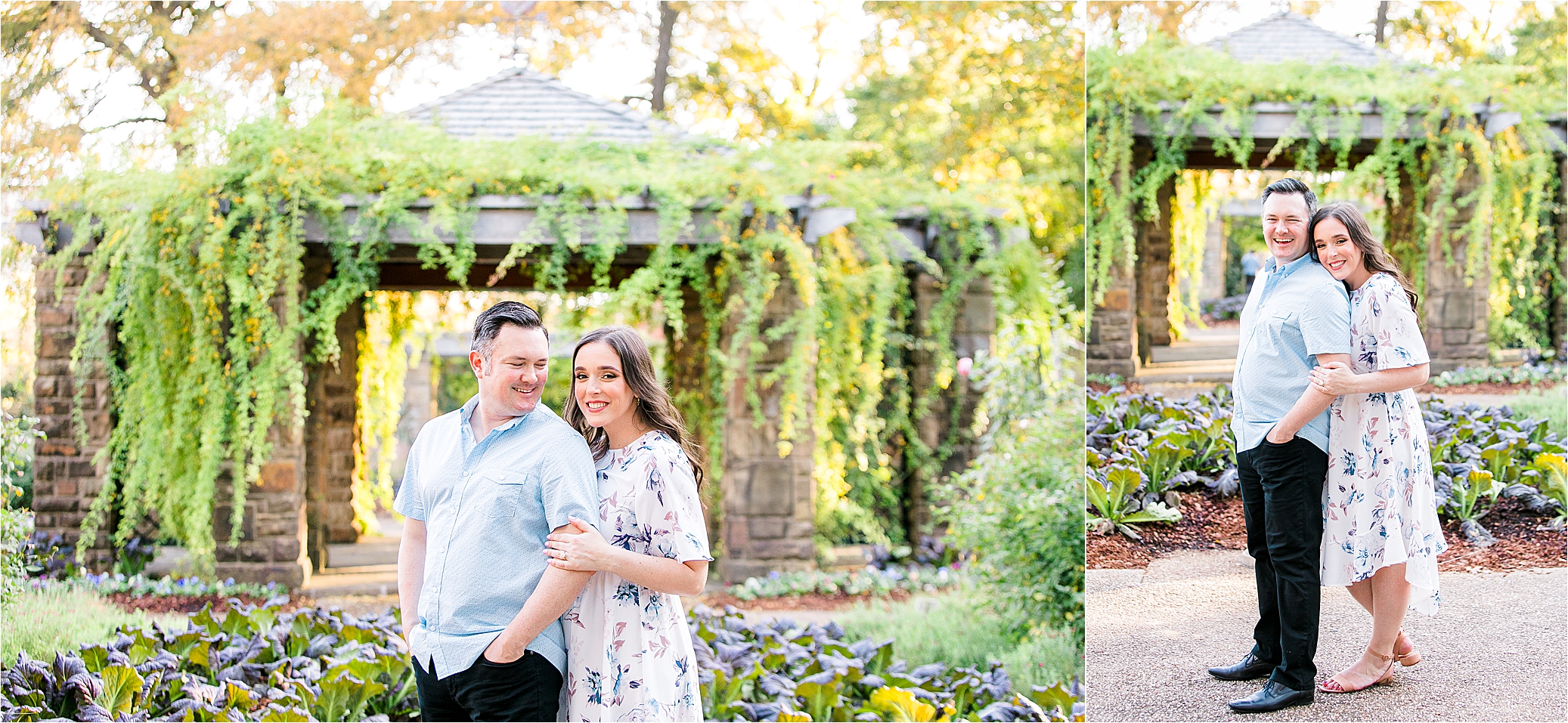 An engaged couple hugs and smiles in front of an arch of greenery during a portrait session at The Fort Worth Botanic Garden