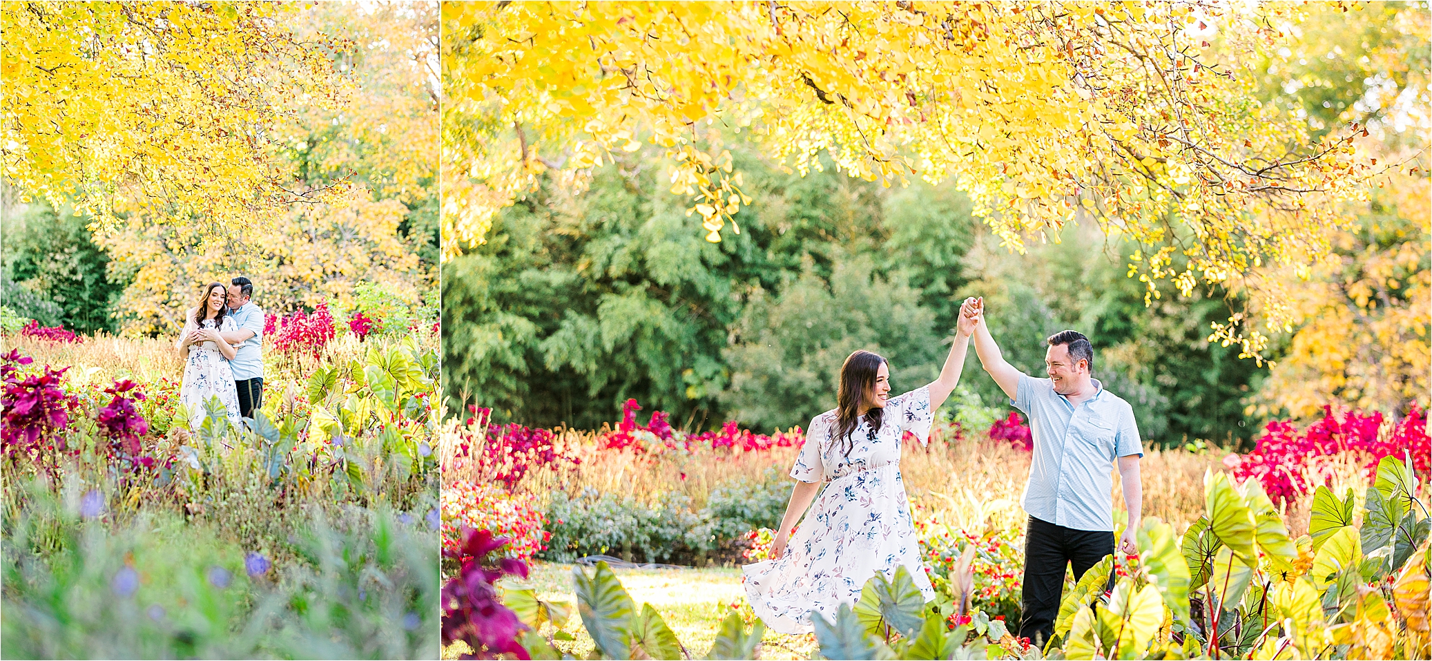 A couple dancing during their engagement session in a vibrant, color part of The Fort Worth Botanic Garden