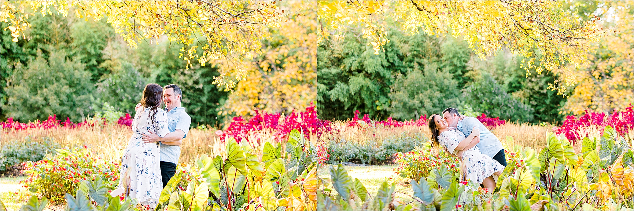 A couple in dances and laughs in a colorful field during their Sunny DFW Engagement Session at The Fort Worth Botanic Garden