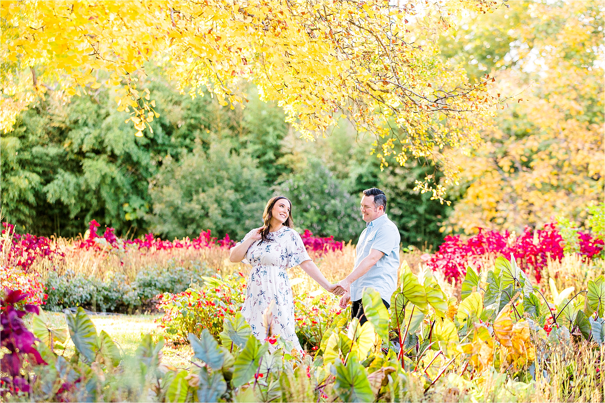 A bride-to-be leads her groom through a vibrant, color part of The Fort Worth Botanic Garden during their sunny, fall engagement session with Jillian Hogan Photography 