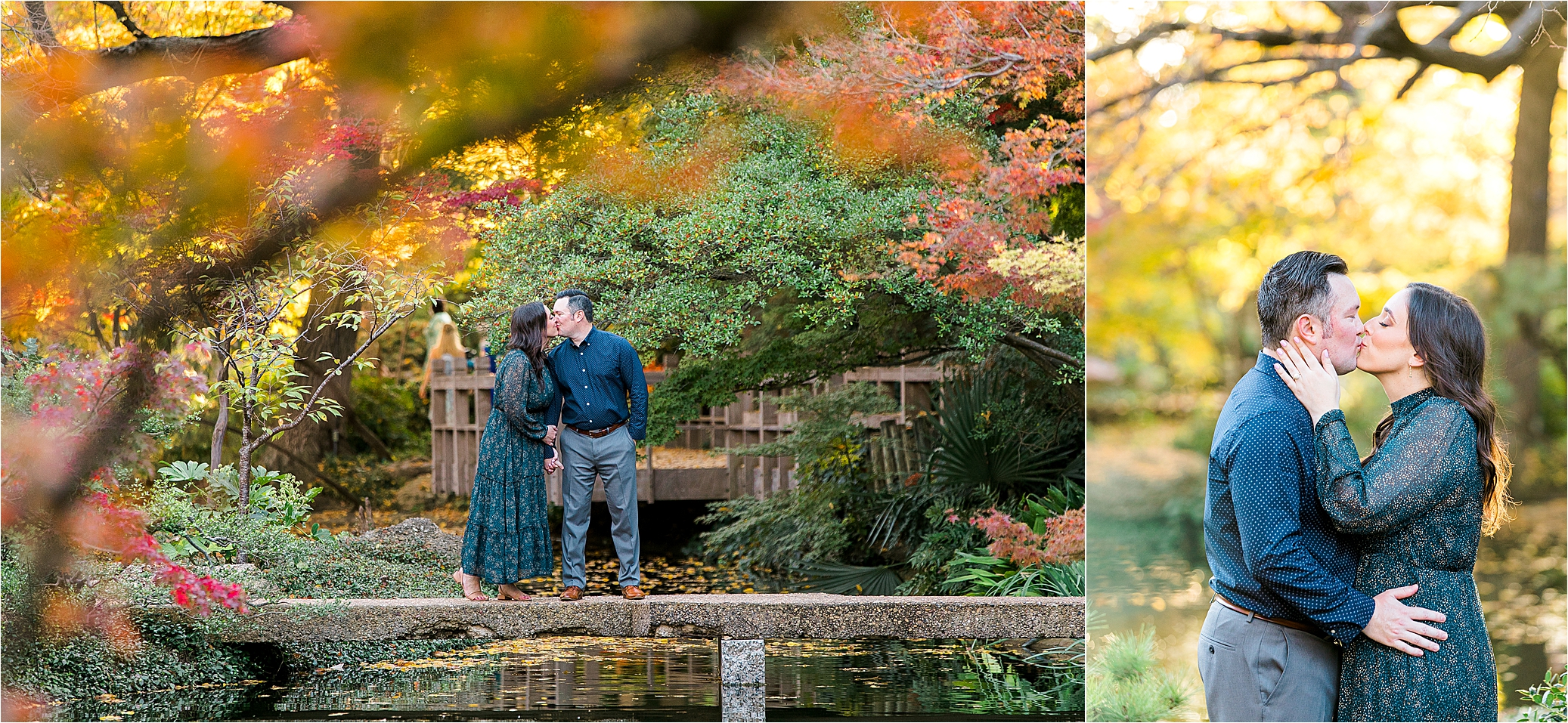 A couple shares a kiss among a sea of color during their fall engagement session at The Japanese Gardens during their Fort Worth Engagement Session 
