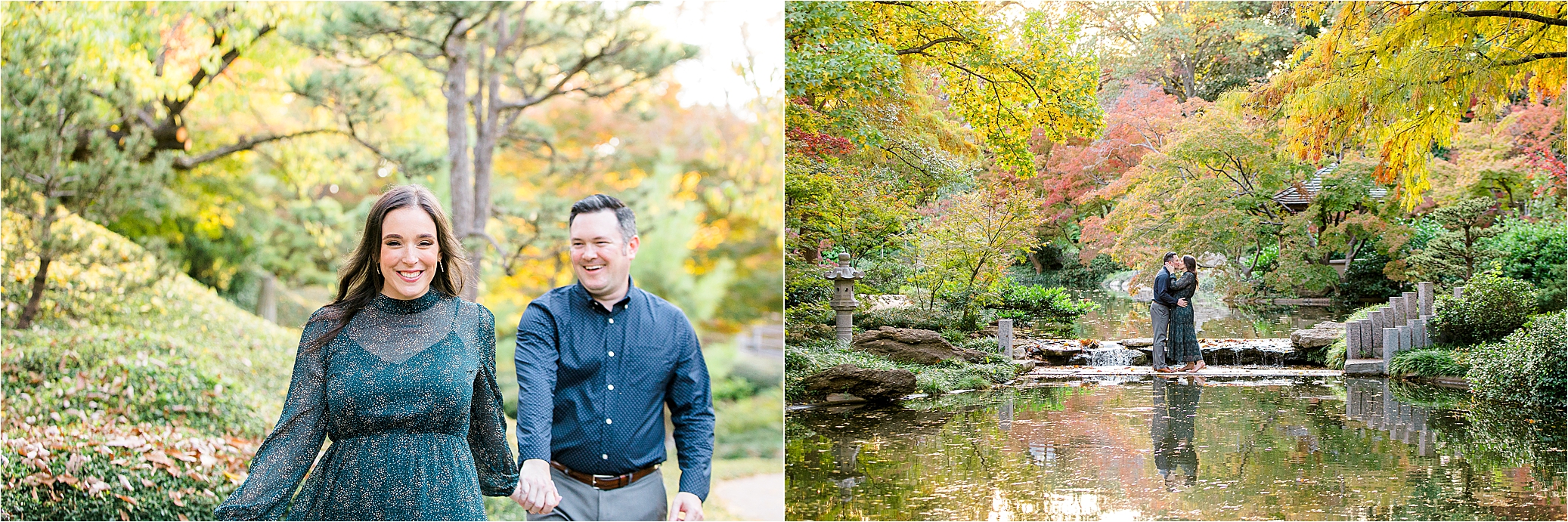 A couple embraces in front of a pond and walks through the Japanese Gardens during their DFW Engagement Session