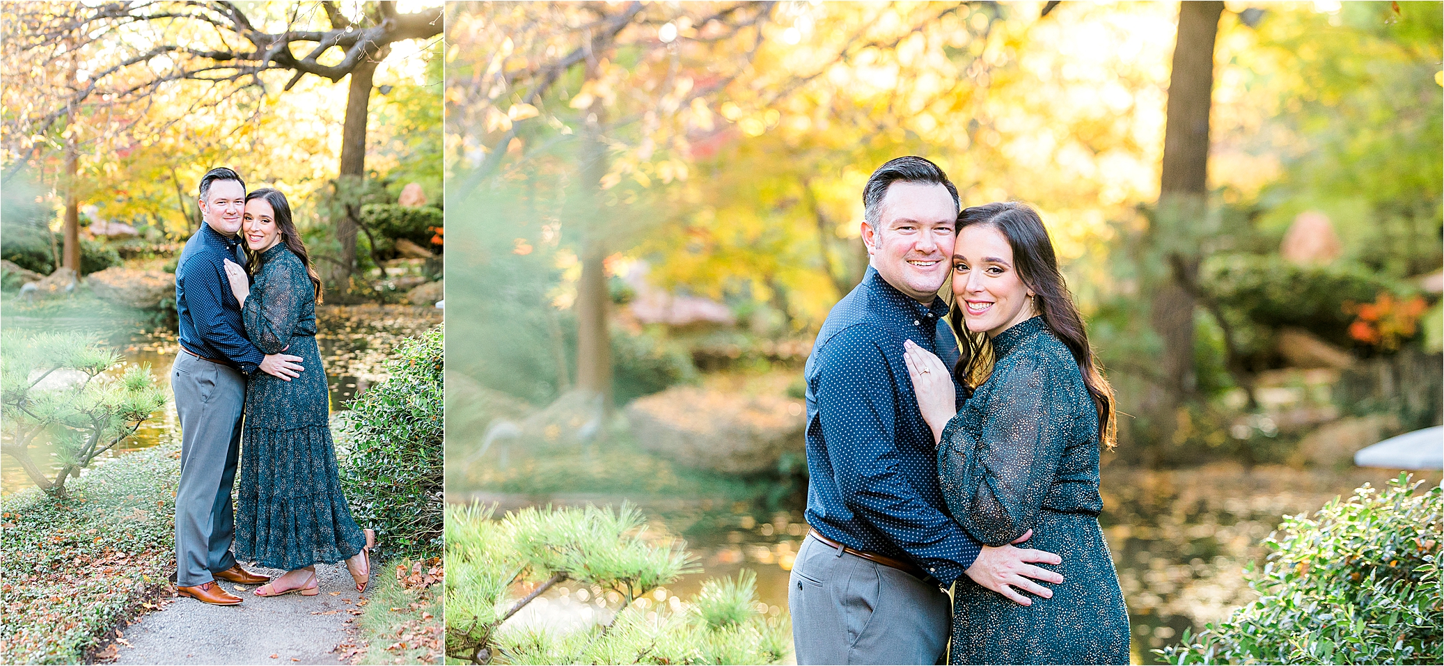 An engaged couple smiles and hugs at their engagement session at The Japanese Gardens in Fort Worth, Texas 